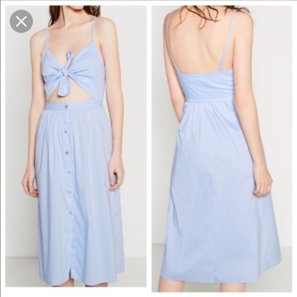Zara Woman Studio Blue White Stripe Tie Front Cutout Button Midi Dress XS NWT